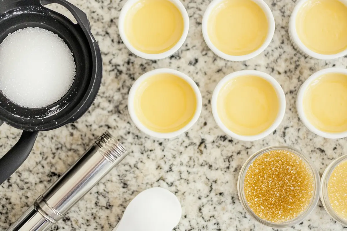 Tools and ingredients for perfect crème brûlée