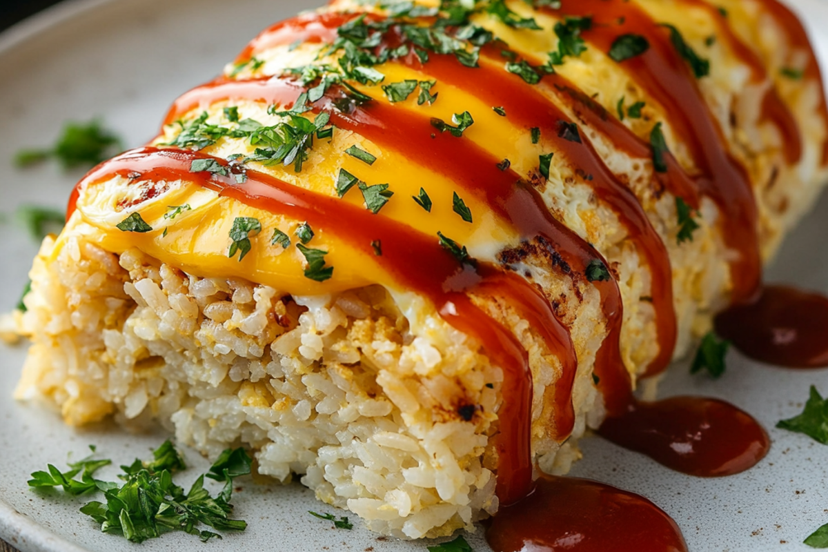 Japanese Omurice plated with artistic presentation.