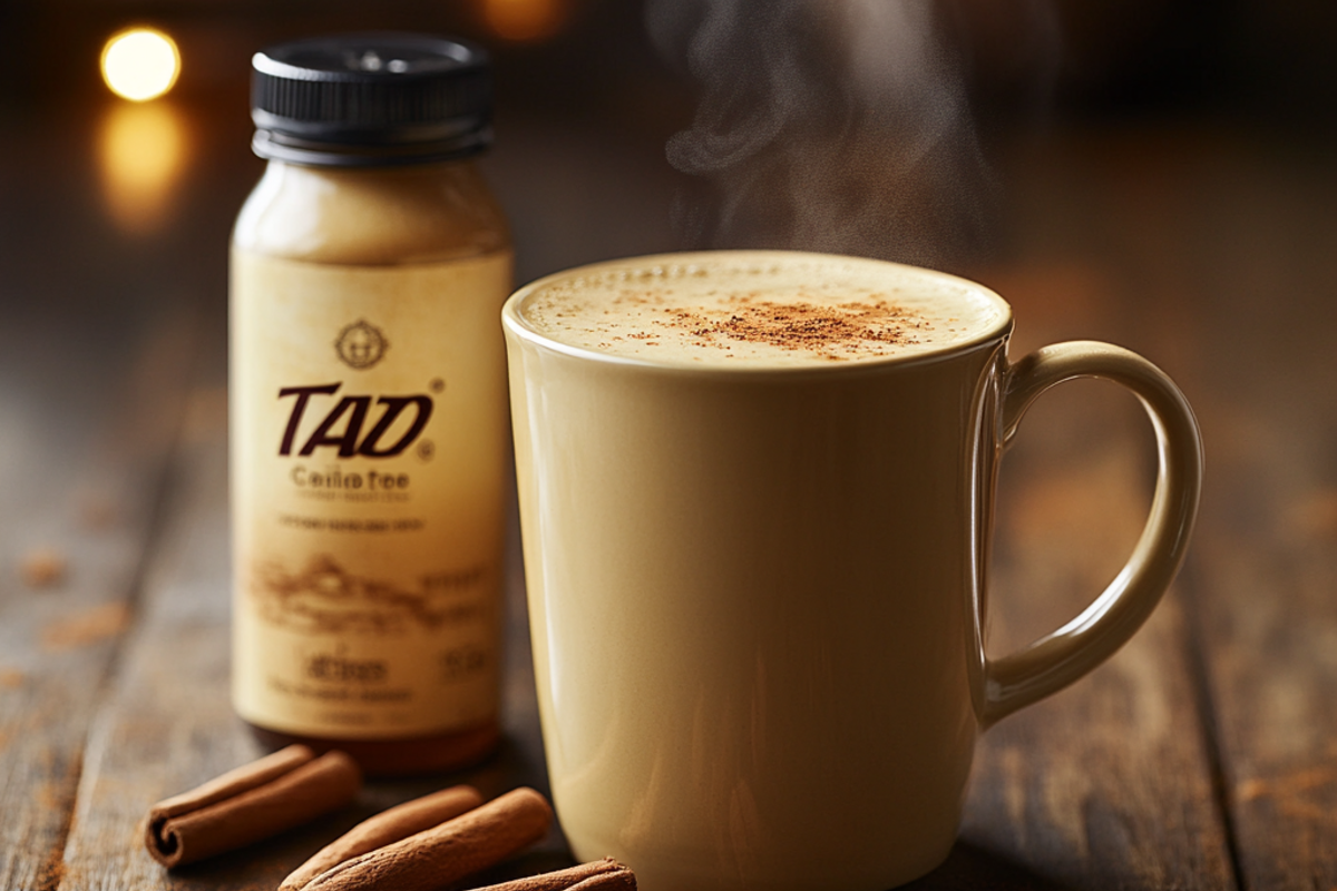 A steaming cup of Tazo Chai Tea Latte with concentrate bottle