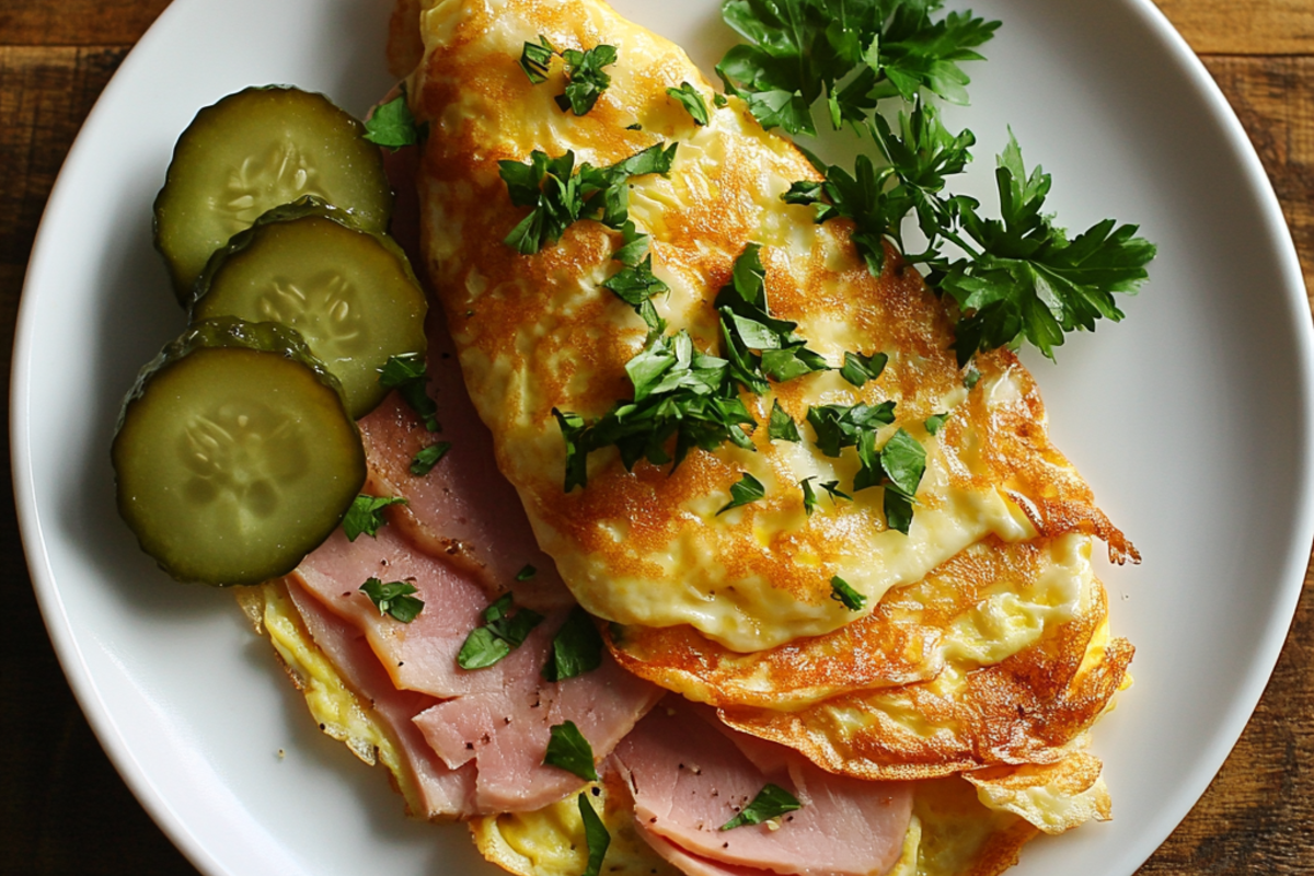 Cubano omelette with melted cheese, ham, and pickles