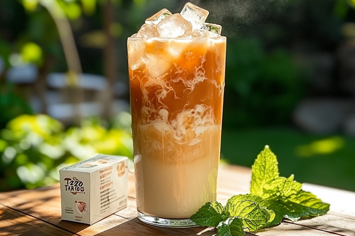 Iced Tazo chai latte with almond milk and mint garnish