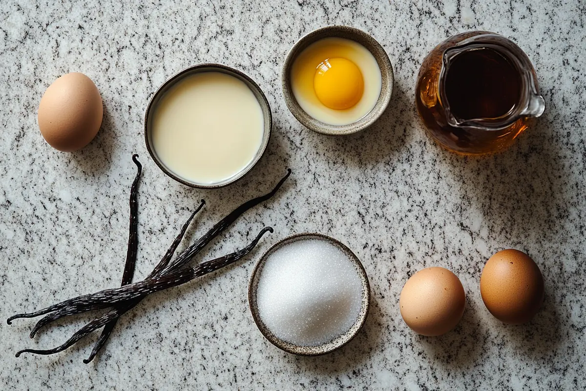 Ingredients for crème brûlée arranged on a granite countertop, including eggs, cream, vanilla, and sugar.