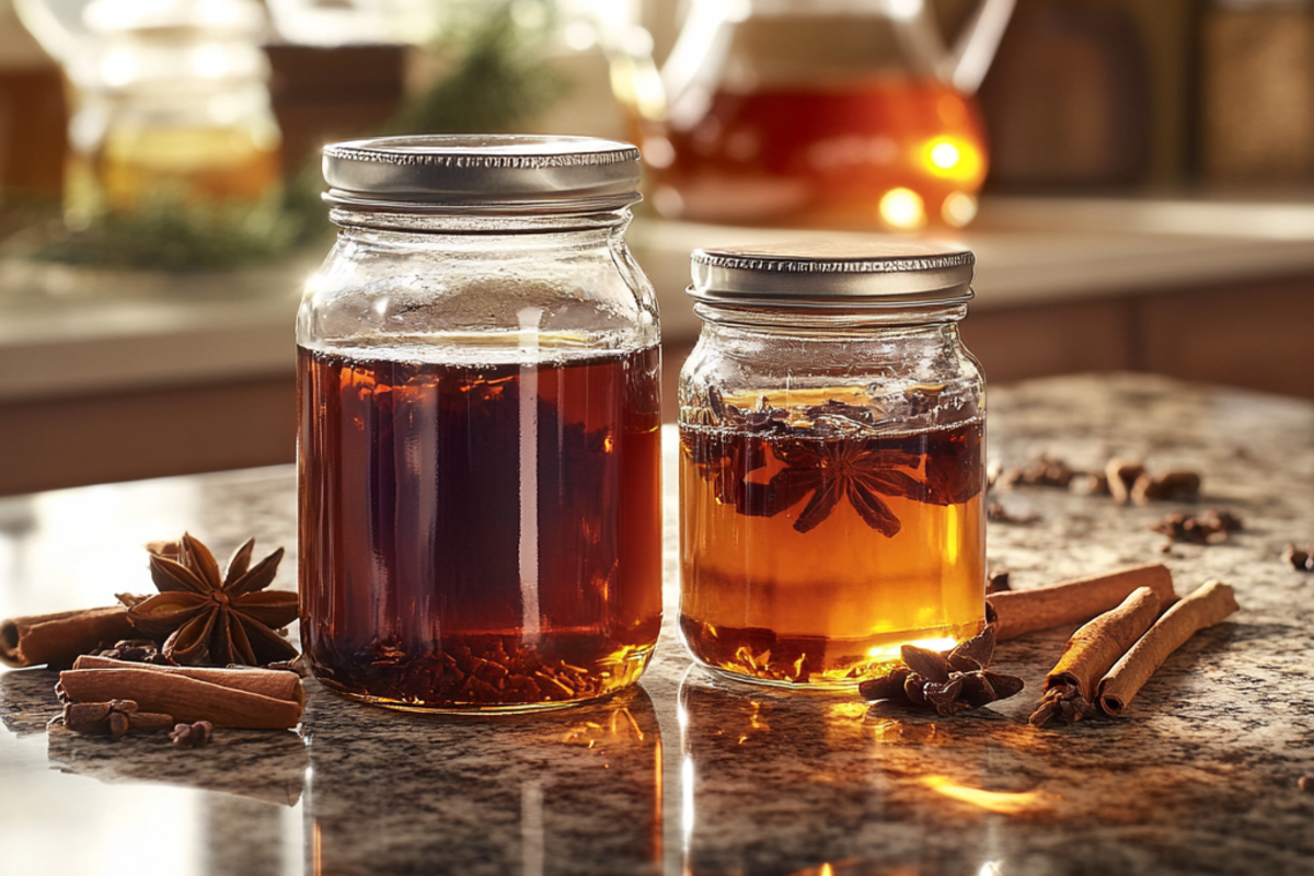 Jars of chai concentrate and syrup on a granite countertop with scattered spices.