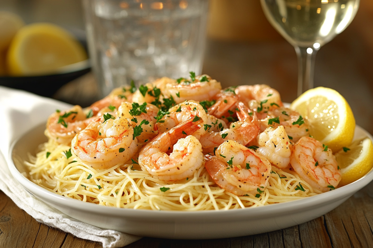 A plate of shrimp scampi with pasta and garnishes