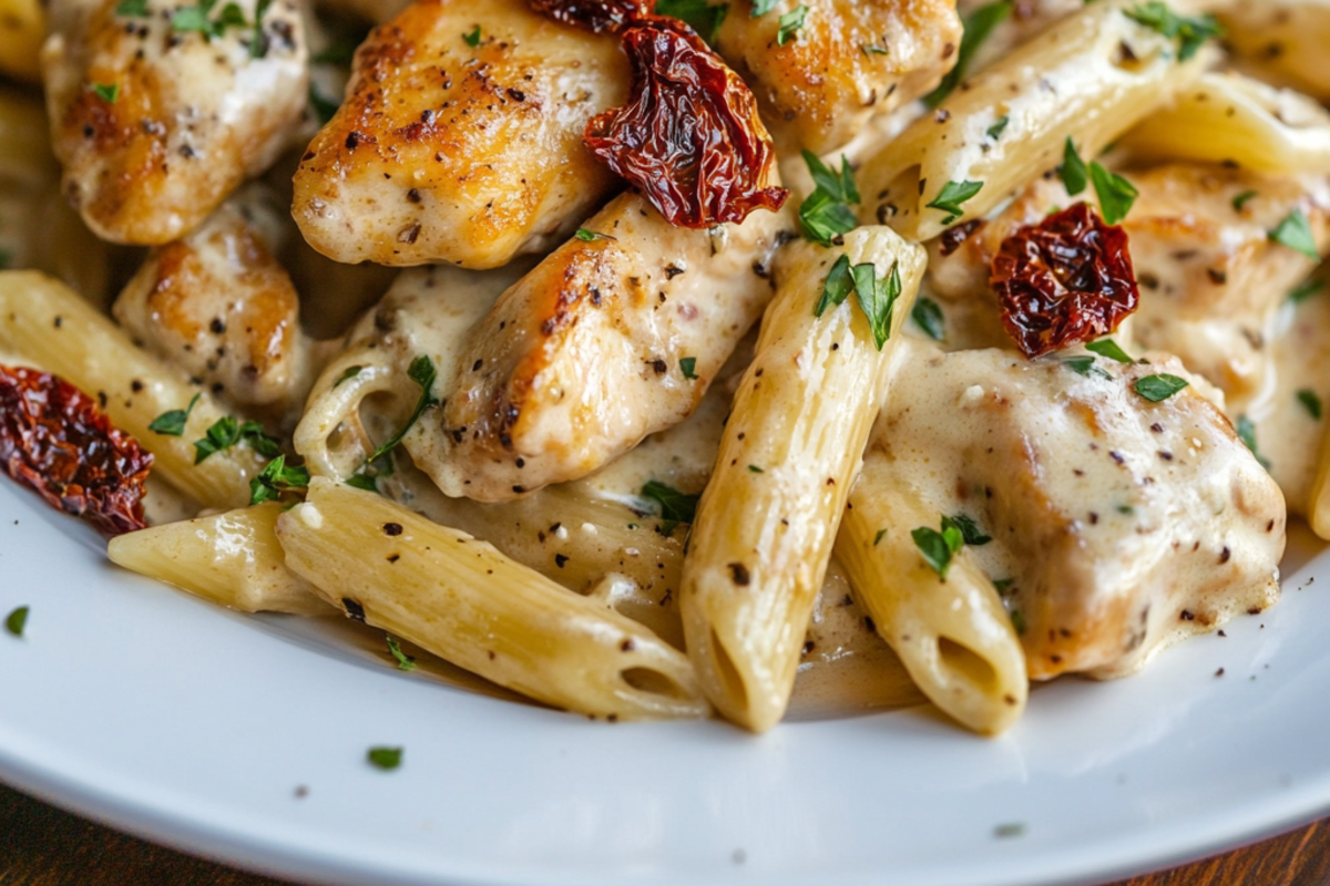 Marry Me Chicken Pasta served on a white plate with creamy sauce