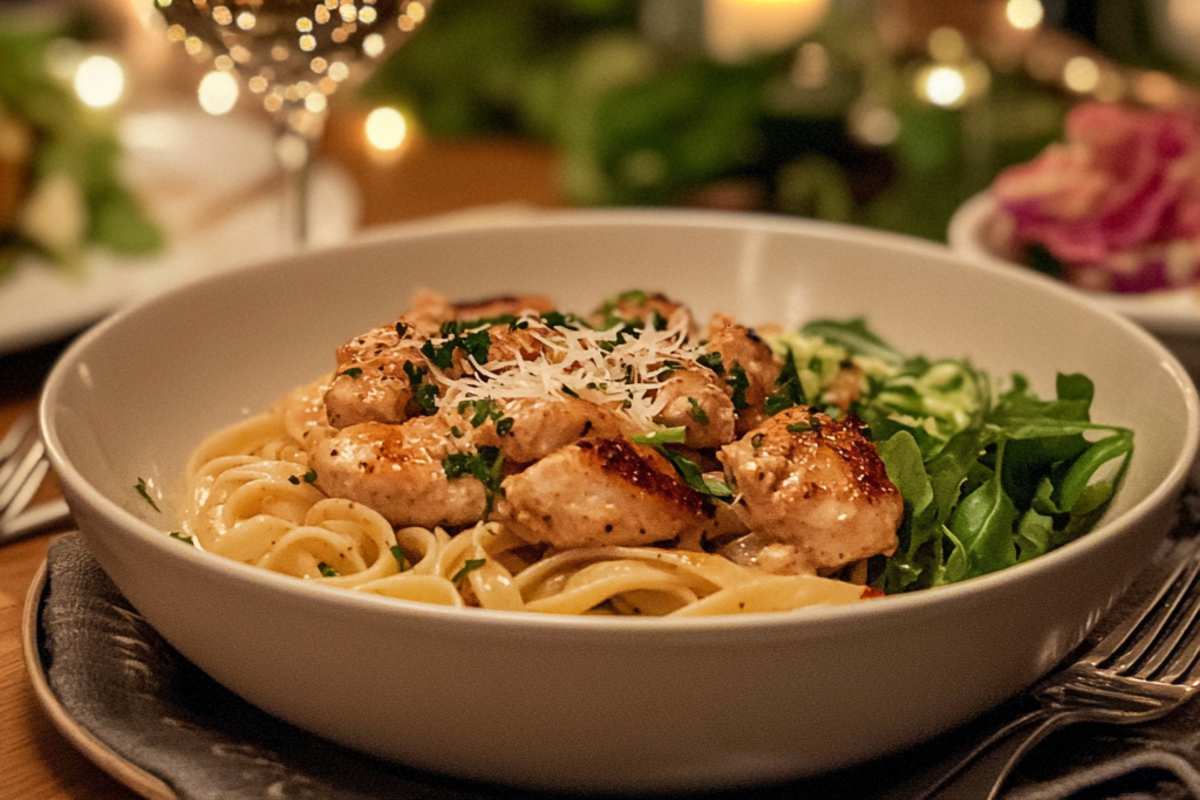 Marry Me Chicken Pasta served with wine and salad on a table.