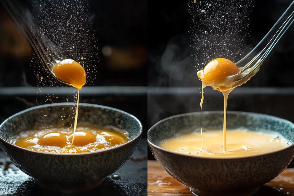 Egg yolks being tempered with hot cream in a bowl