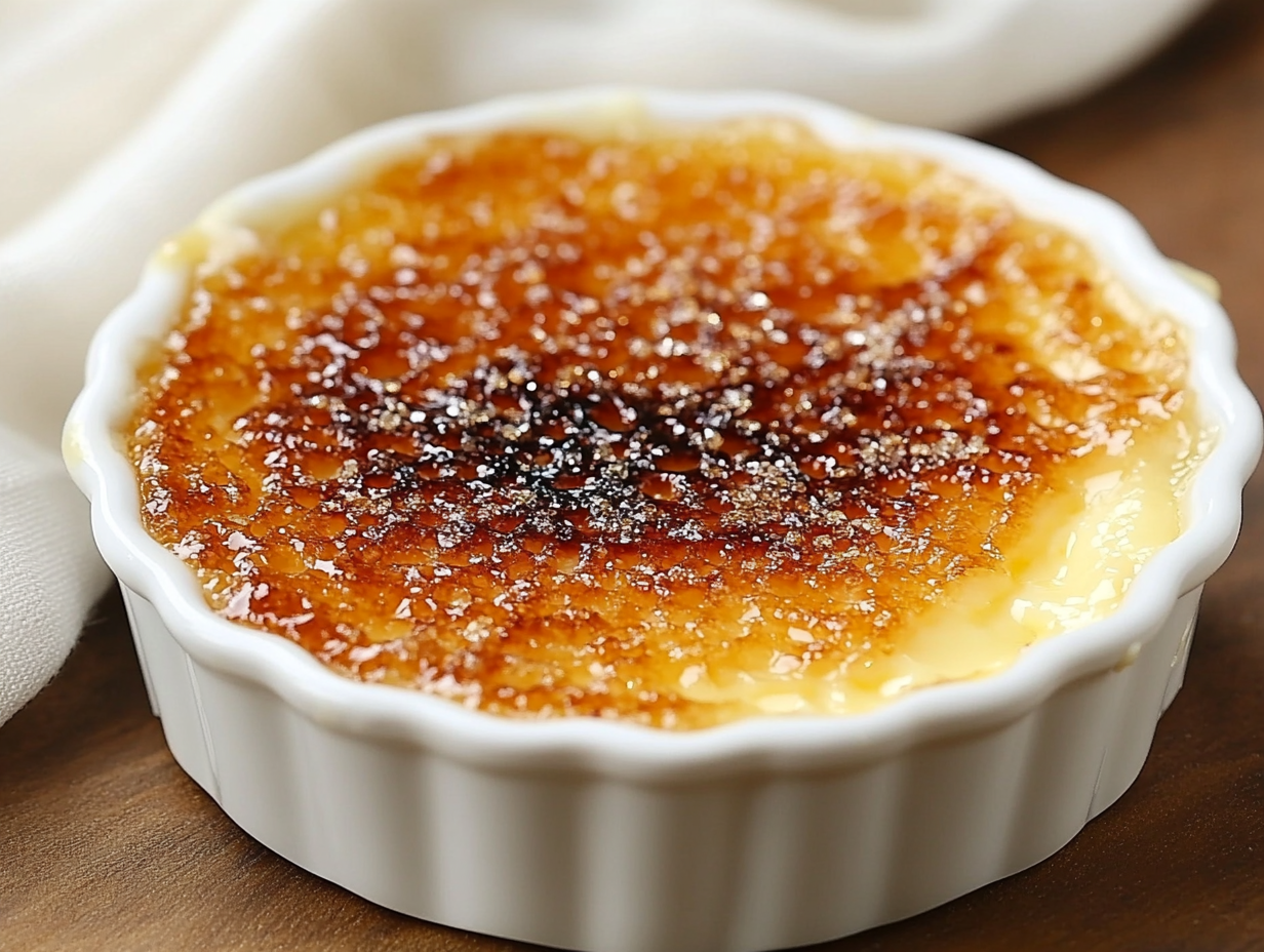 A perfectly caramelized crème brûlée with a crisp sugar topping.