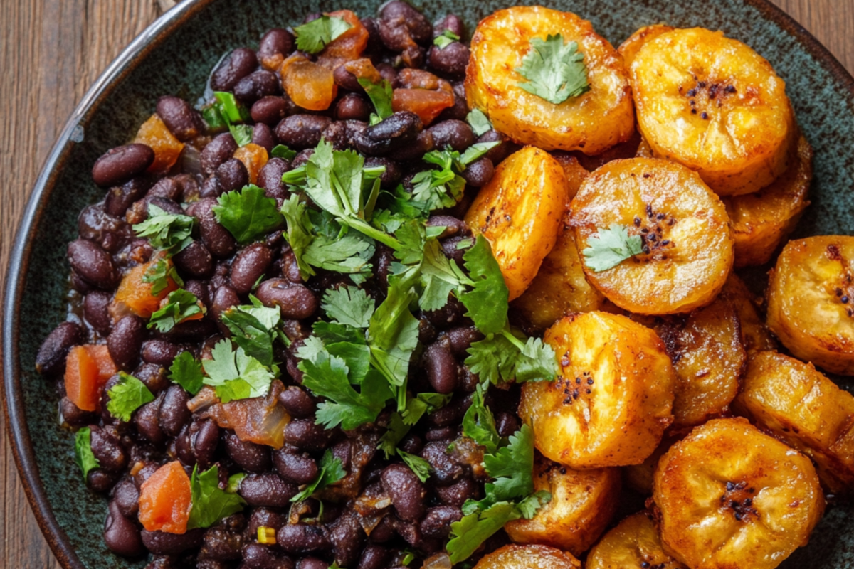 Cuban black beans and crispy plantains on a rustic plate