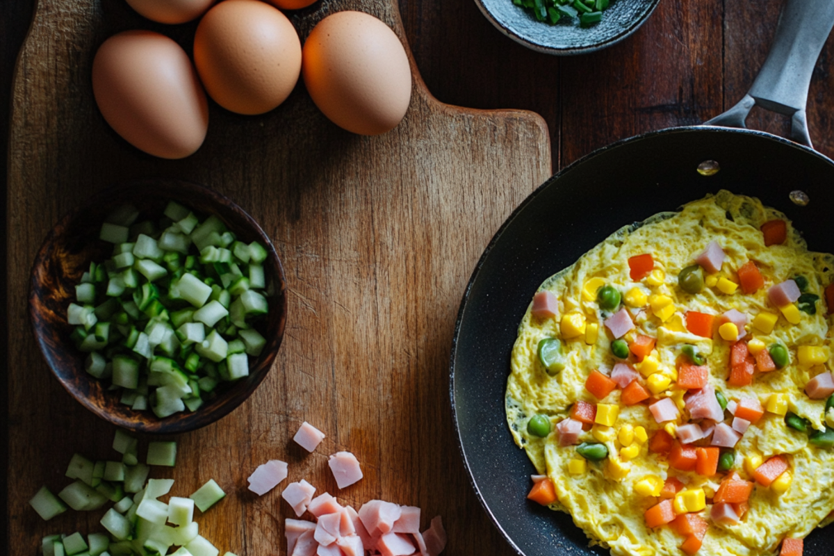 Ingredients and tools for making a Western omelette.