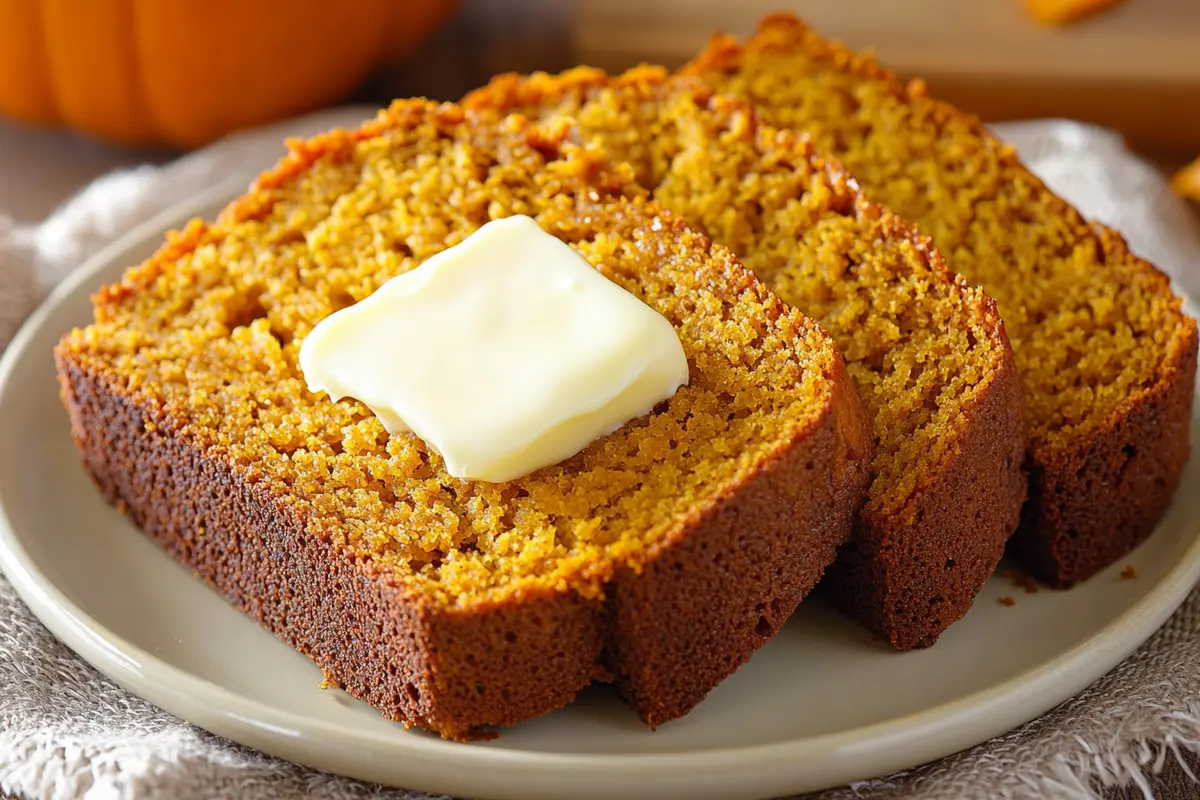 Sliced pumpkin bread with butter topping