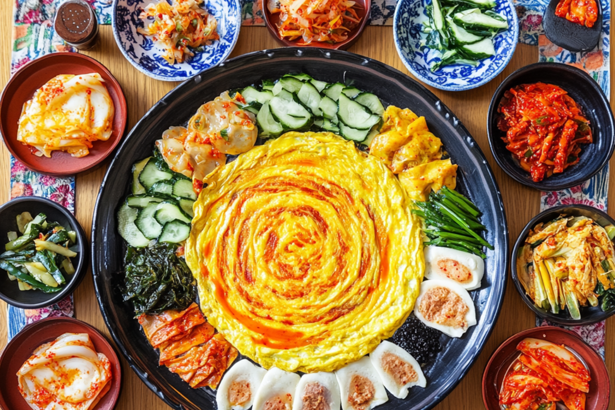 Tornado omelette served with Korean side dishes.