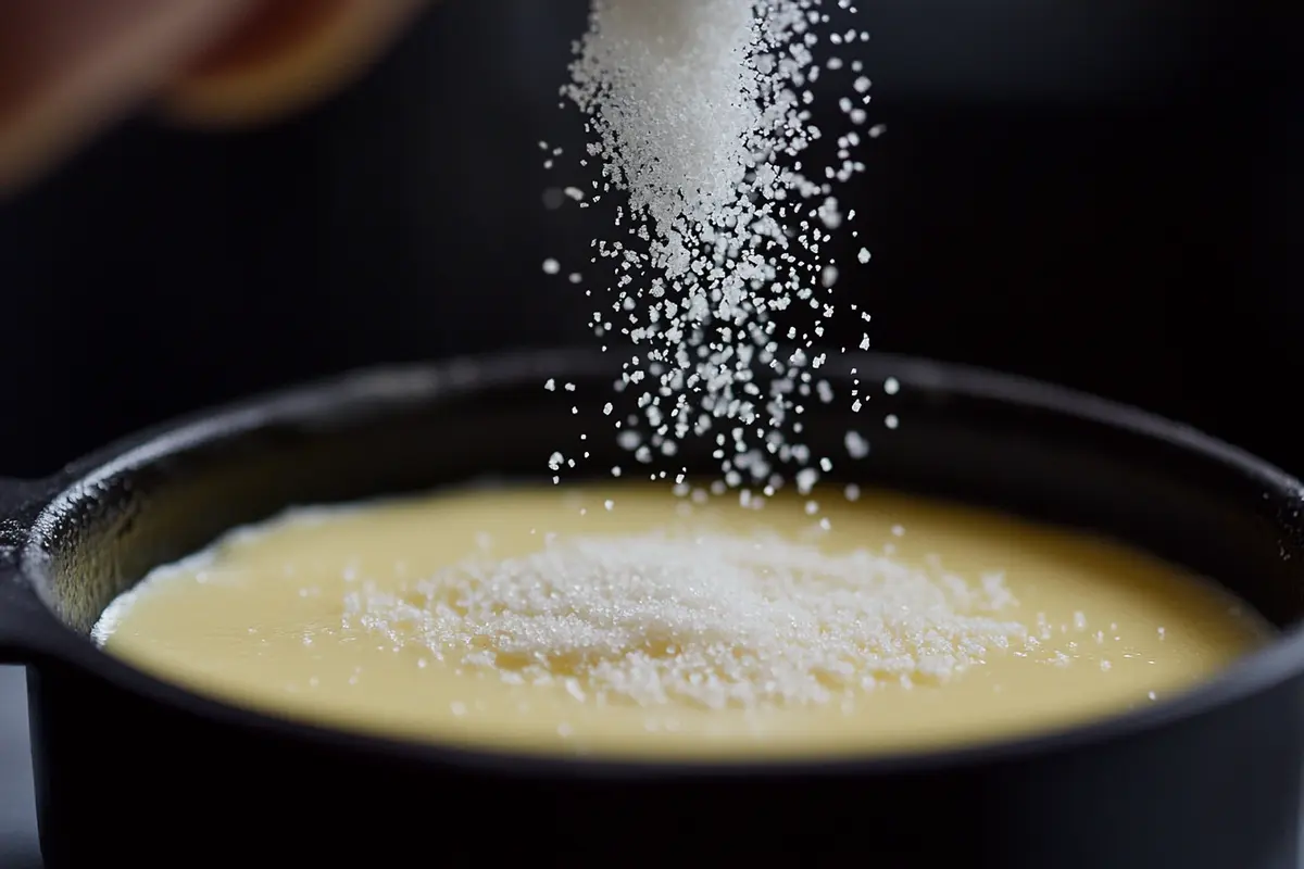 Crème brûlée top with granulated sugar sprinkled evenly