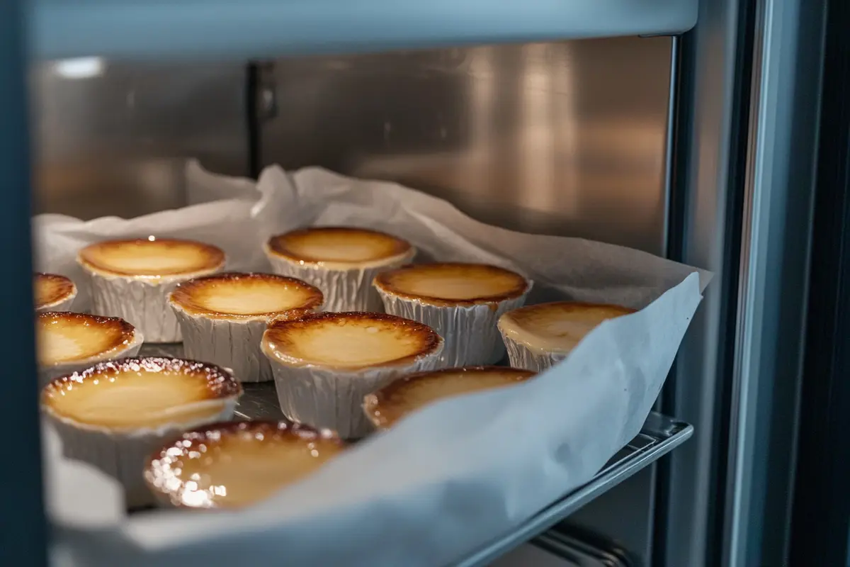 A properly stored crème brûlée covered loosely with parchment paper in a refrigerator.