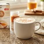 A kitchen scene with a frothy Tazo Chai Tea Latte in a white mug on granite countertops, with the Tazo carton and cozy decor in the background