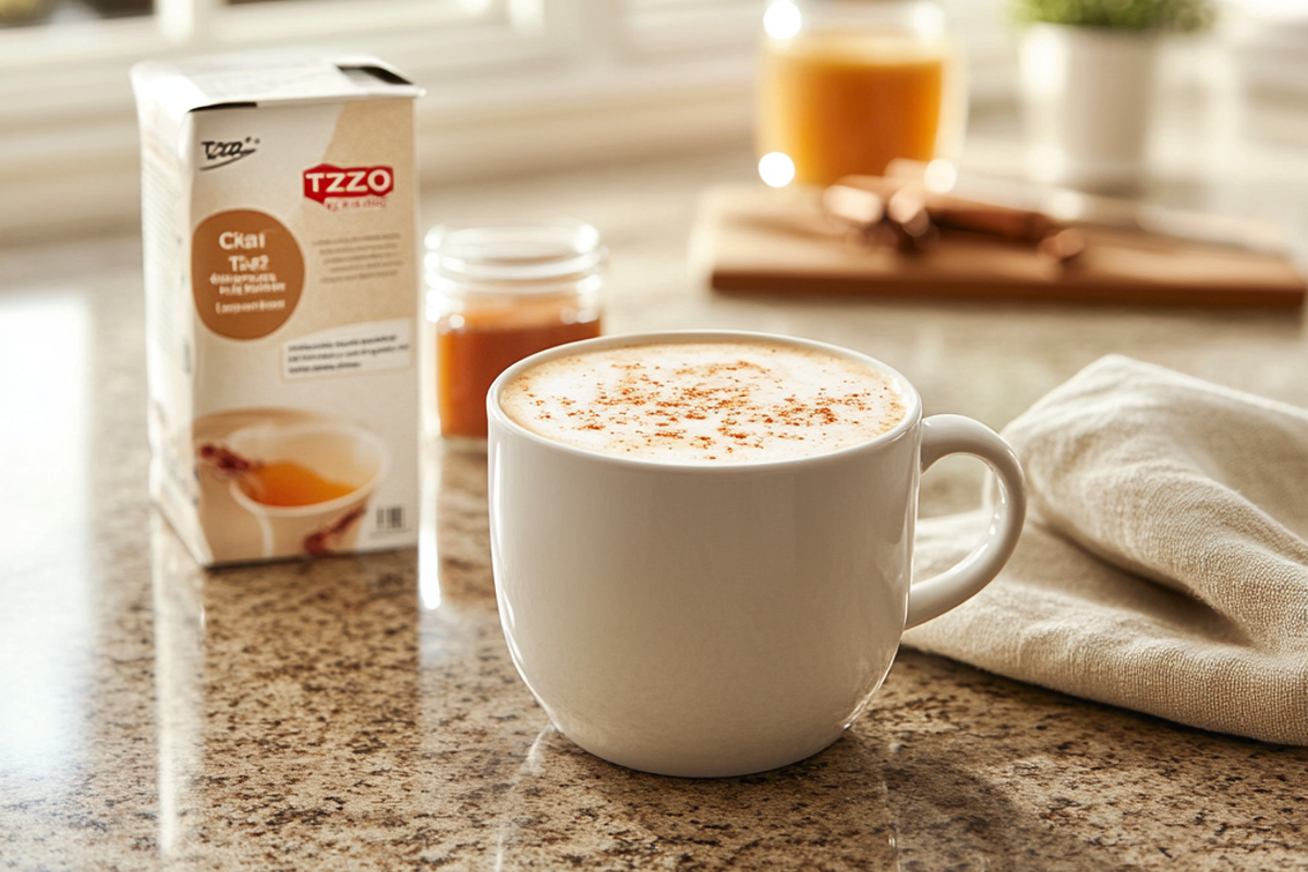 A kitchen scene with a frothy Tazo Chai Tea Latte in a white mug on granite countertops, with the Tazo carton and cozy decor in the background