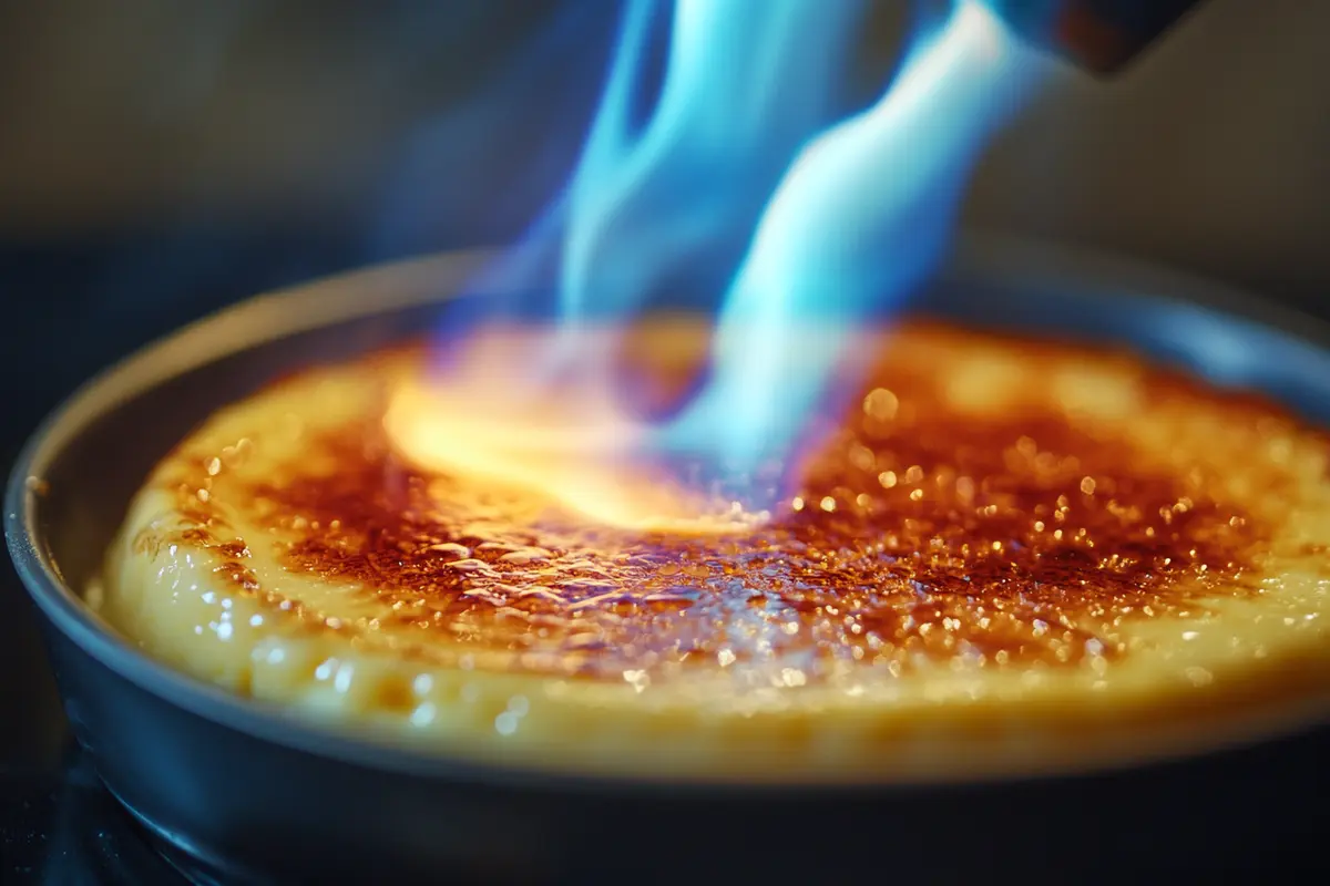 Sugar caramelizing on crème brûlée with a kitchen torch