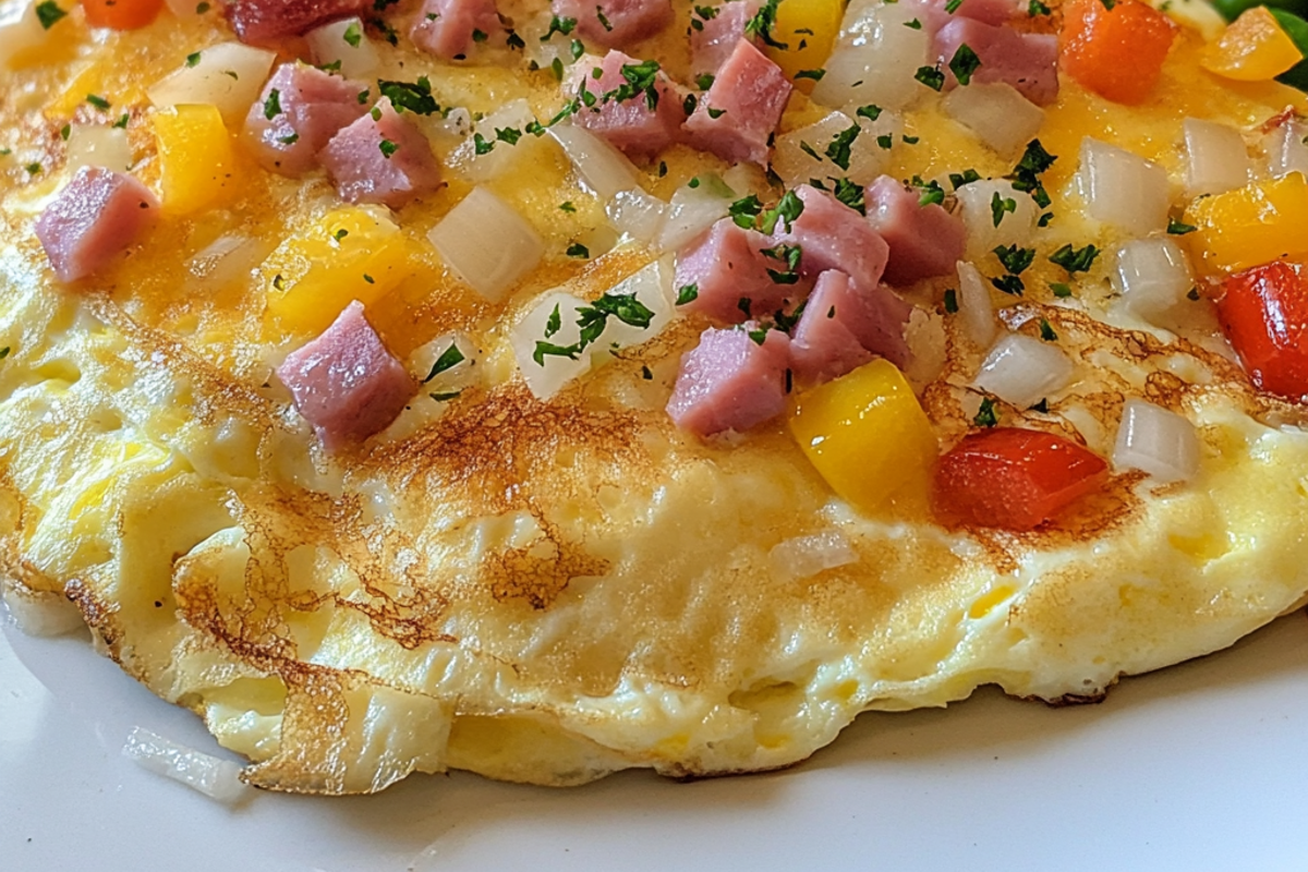 Western omelette with colorful vegetables and ham.