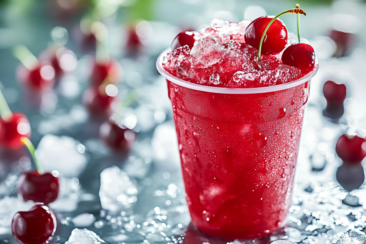 Close-up of a Cherry ICEE in a branded cup with crushed ice and cherries