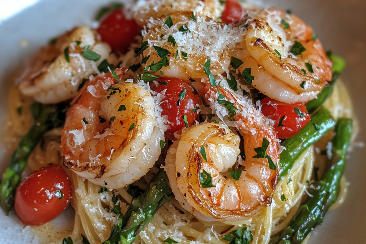 Close-up of Olive Garden-style shrimp scampi with pasta and vegetables.