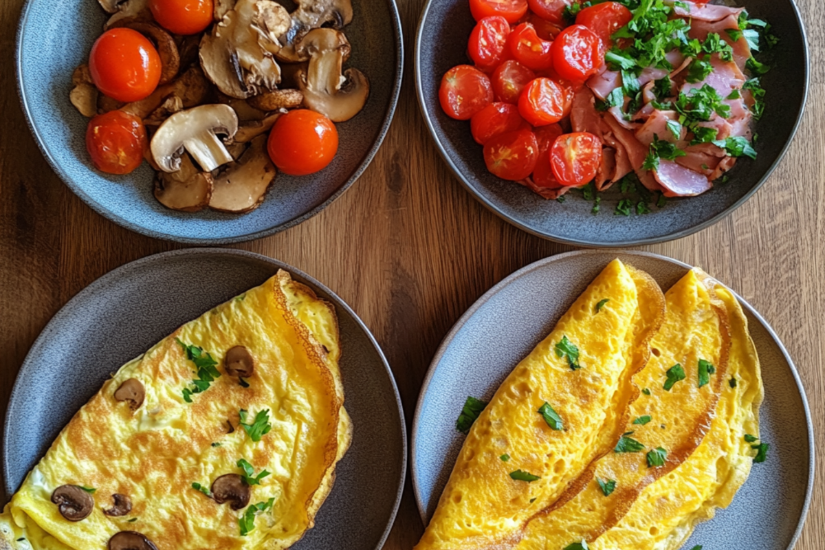 Variations of Western omelettes featuring mushrooms, tomatoes, and a vegetarian version without ham.