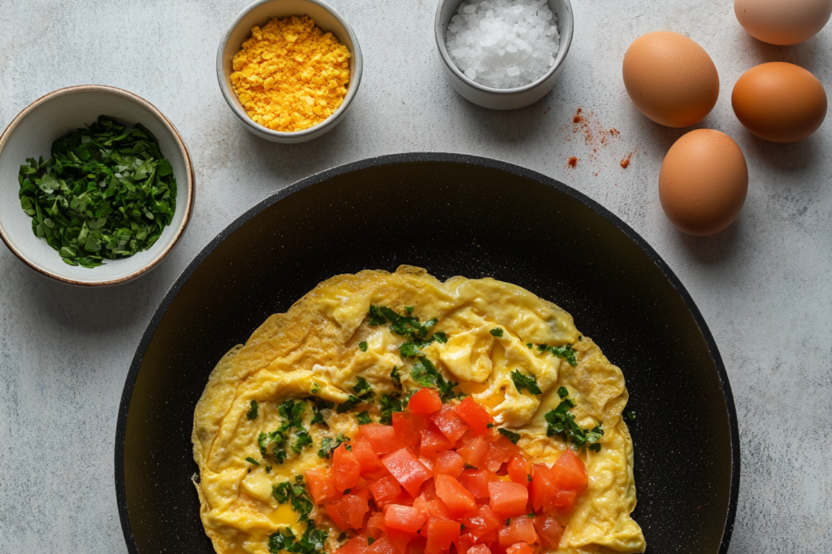 A step-by-step cooking process of a Western omelette, showing ingredients in a skillet and the omelette being folded.