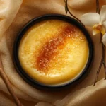 A luxurious crème brûlée with a golden caramel crust.