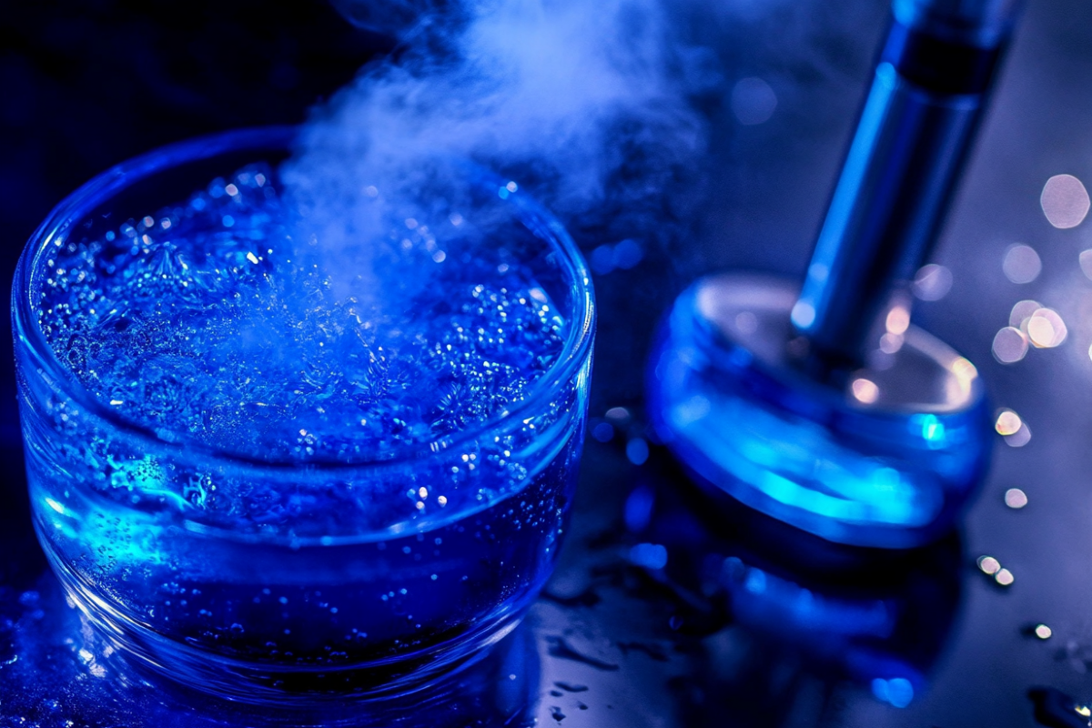 Vaping device with blue-tinted vapor and a bowl of blue vape juice.