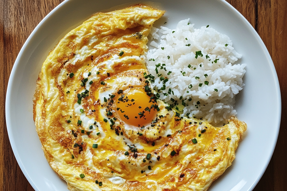 Golden tornado omelette with rice on a white plate