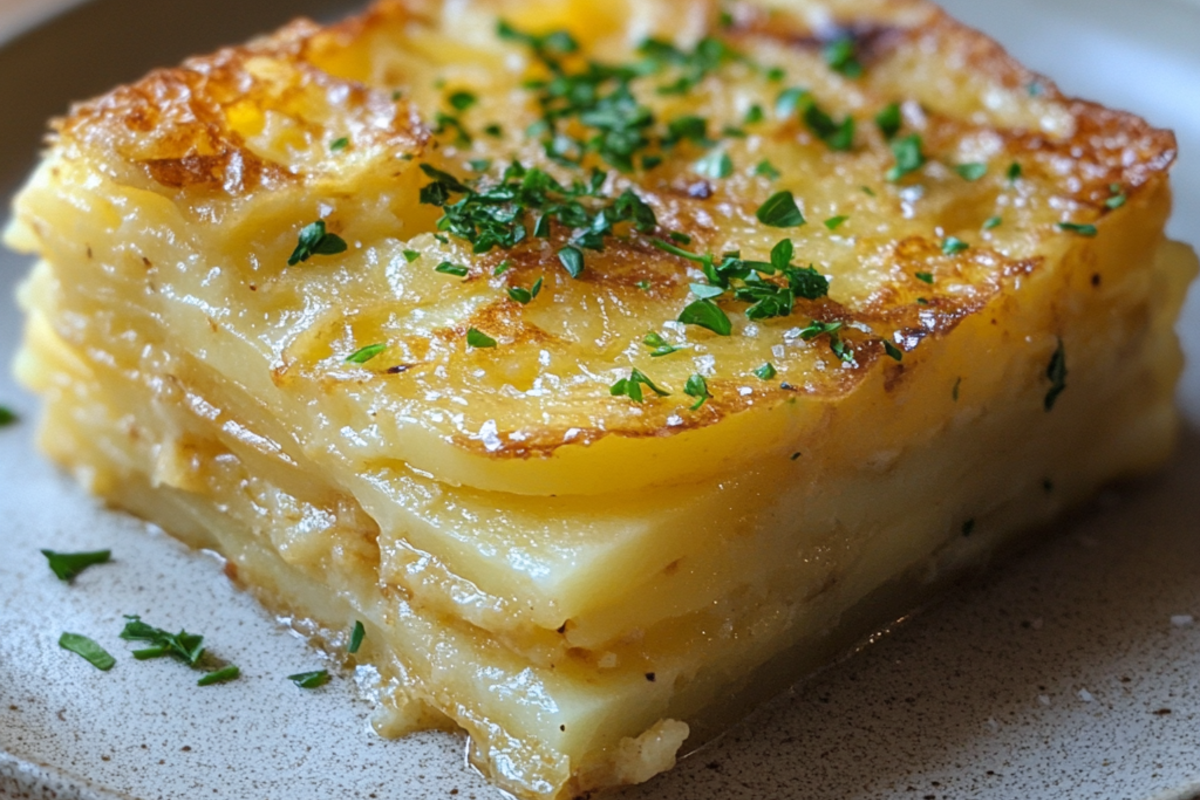 Close-up of a Spanish Tortilla Española with layered eggs and potatoes.