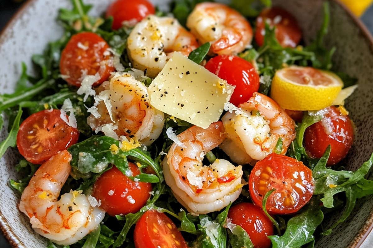 Arugula salad with lemon vinaigrette alongside shrimp scampi.