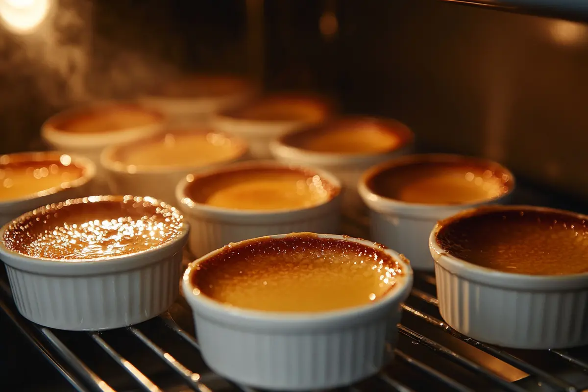 A custard in ramekins baking in a water bath.