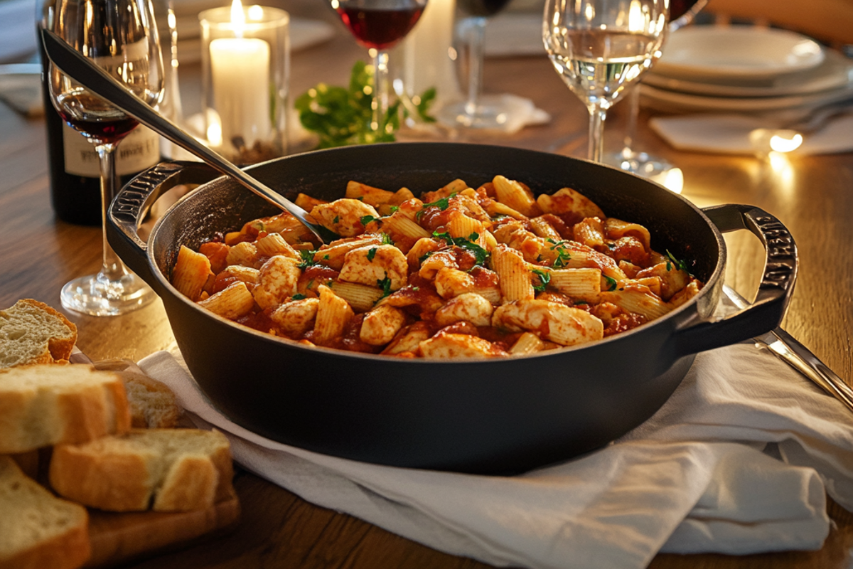 Romantic dinner setup with Marry Me Chicken Pasta and wine.