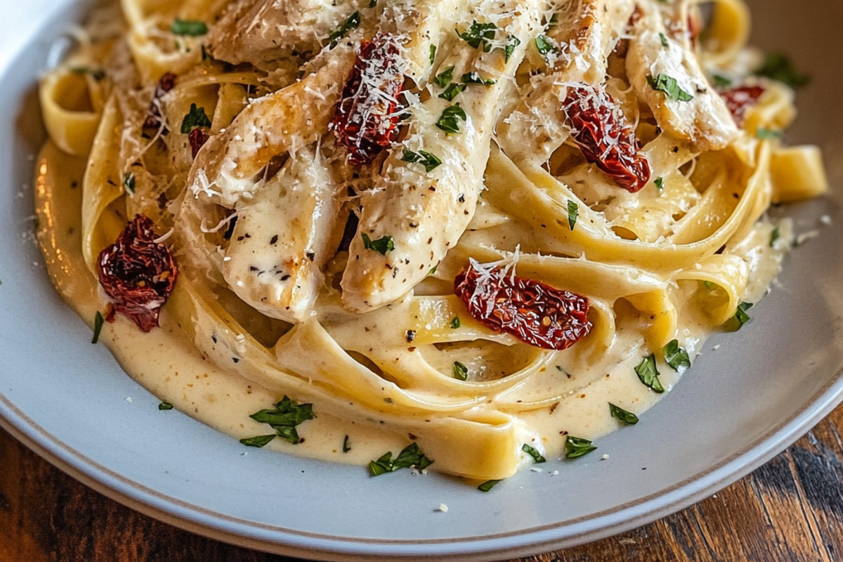 Plated Marry Me Chicken Pasta with creamy sauce and herbs.