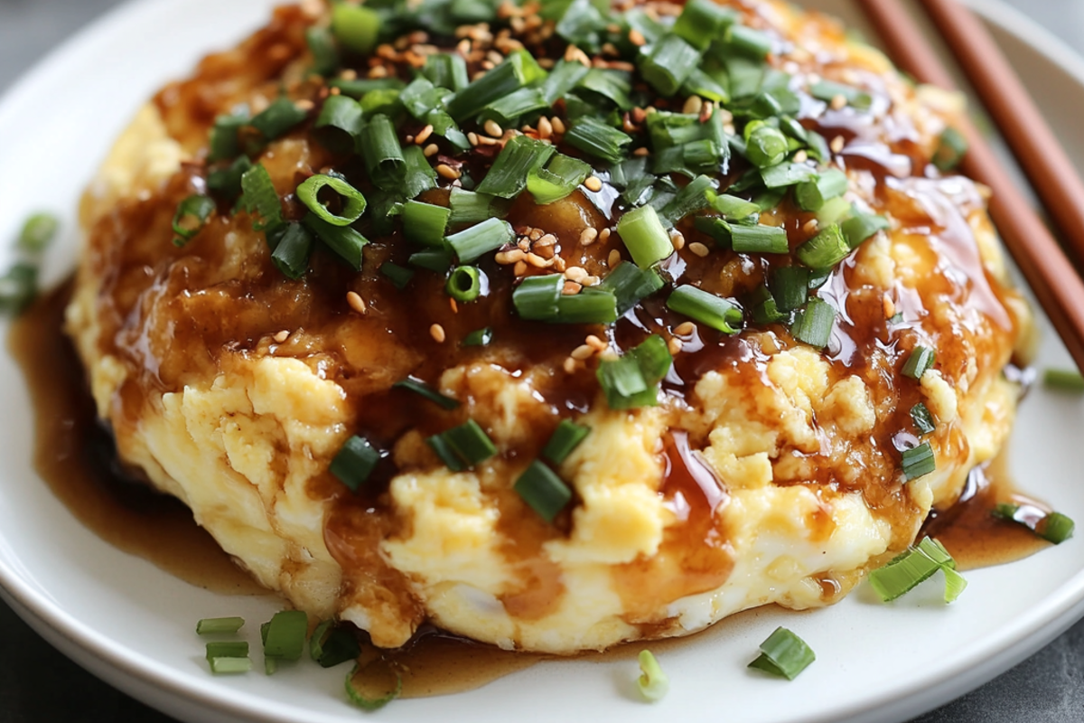 Egg Fu Yung with sauce and green onions.